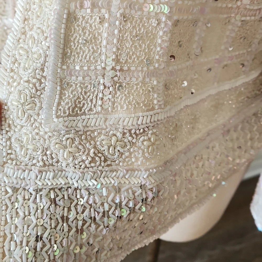 Vintage Cream Beaded Sequin Jacket Pearl Bridal Mob Wife Aesthetic Evening Top - Picture 3 of 5